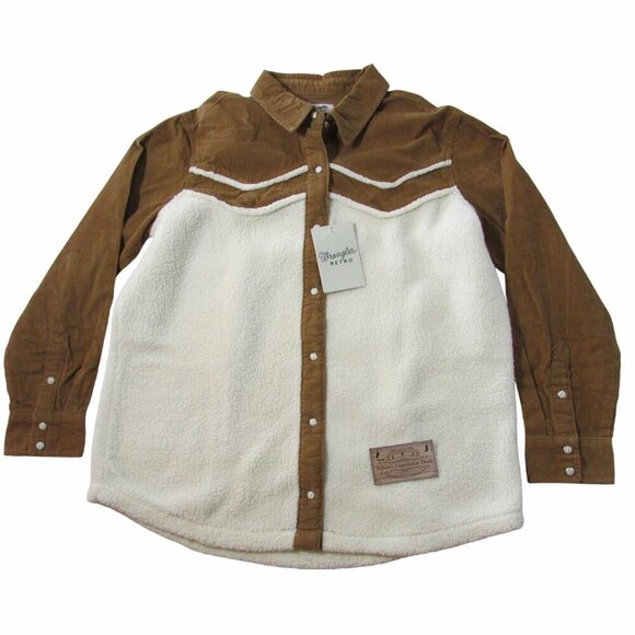 Wrangler Retro Women's Long Sleeve Sherpa Snap Shacket Shirt Jacket White/Brown - Picture 2 of 4